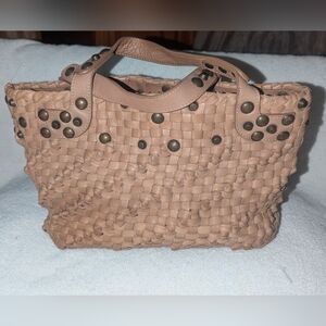 Falorni Italia Tan Woven Tote with Studded Detail.